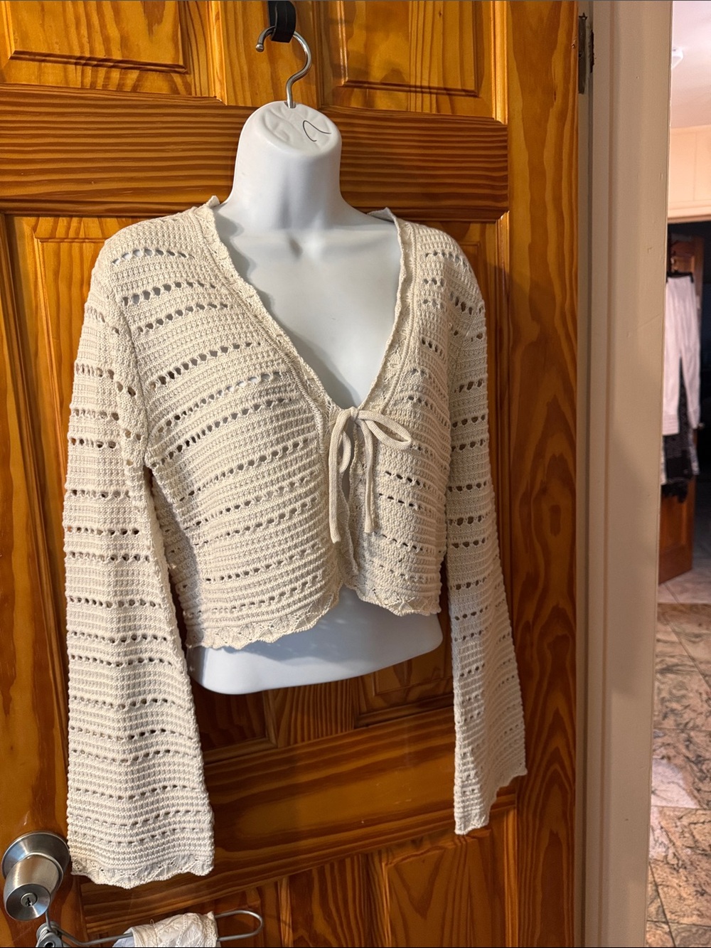 Freshman Cream Open-Knit Tie-Front Cropped Cardigan. 55% cotton L